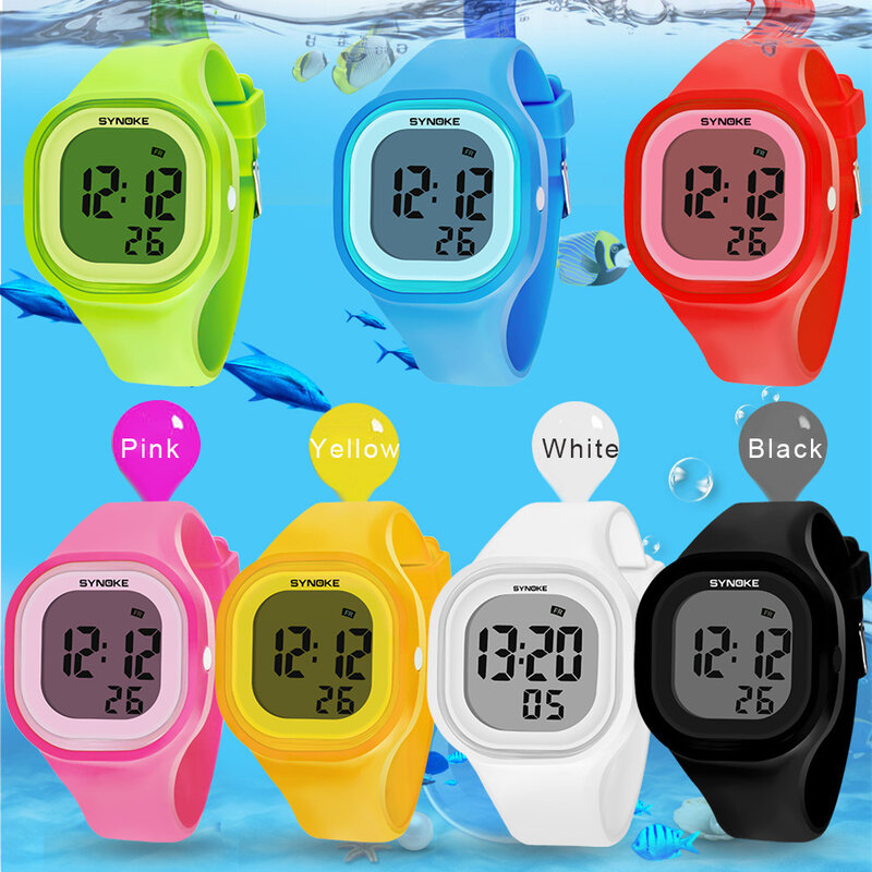 Synoke นาฬิกาดิจิตอลสำหรับเด็ก, นาฬิกาดิจิตอลสายซิลิโคนกีฬาสีสันสดใสมีไฟ LED นาฬิกาปลุกนาฬิกาข้อมือสำหรับเด็ก