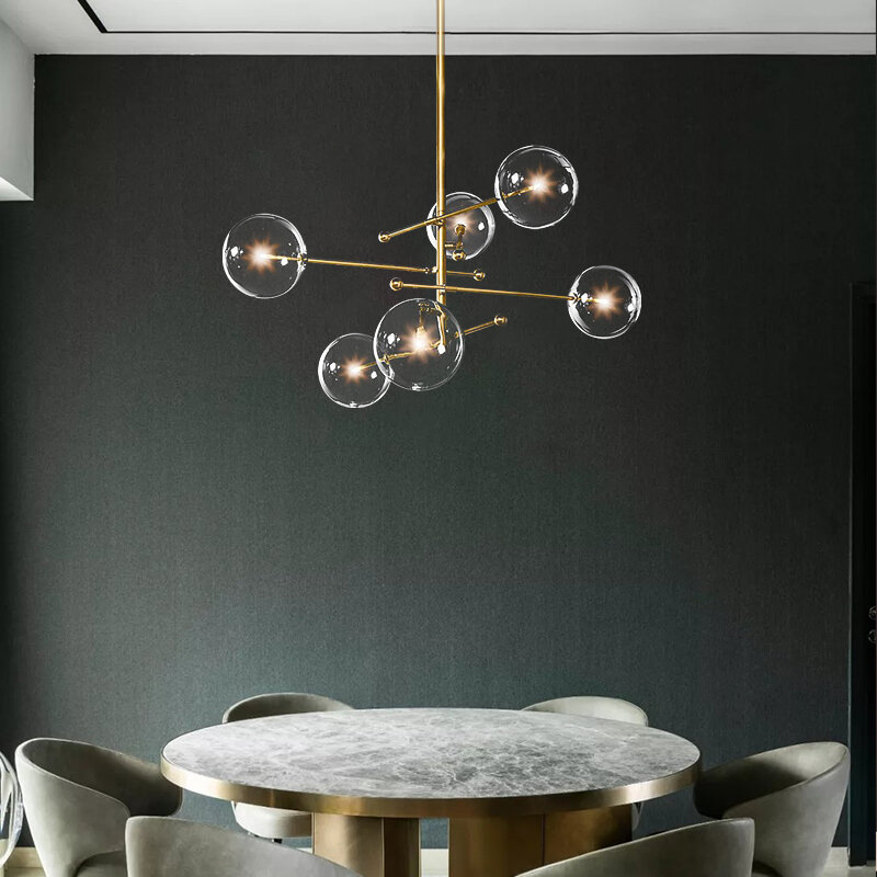 Modern Loft แก้วใส Ball โคมระย้าห้องนั่งเล่นห้องนอนห้องครัวบันไดสีดำทอง6/7/8หัวโคมไฟระย้า G4