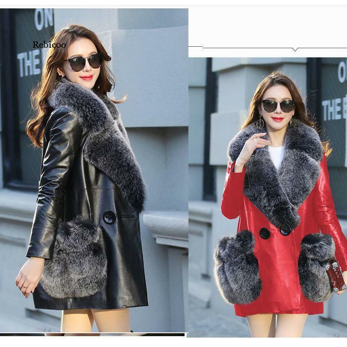 Nuova giacca da donna in pelliccia e pelliccia di media lunghezza più giacca a vento in pelle con collo in pelliccia di volpe grande in velluto