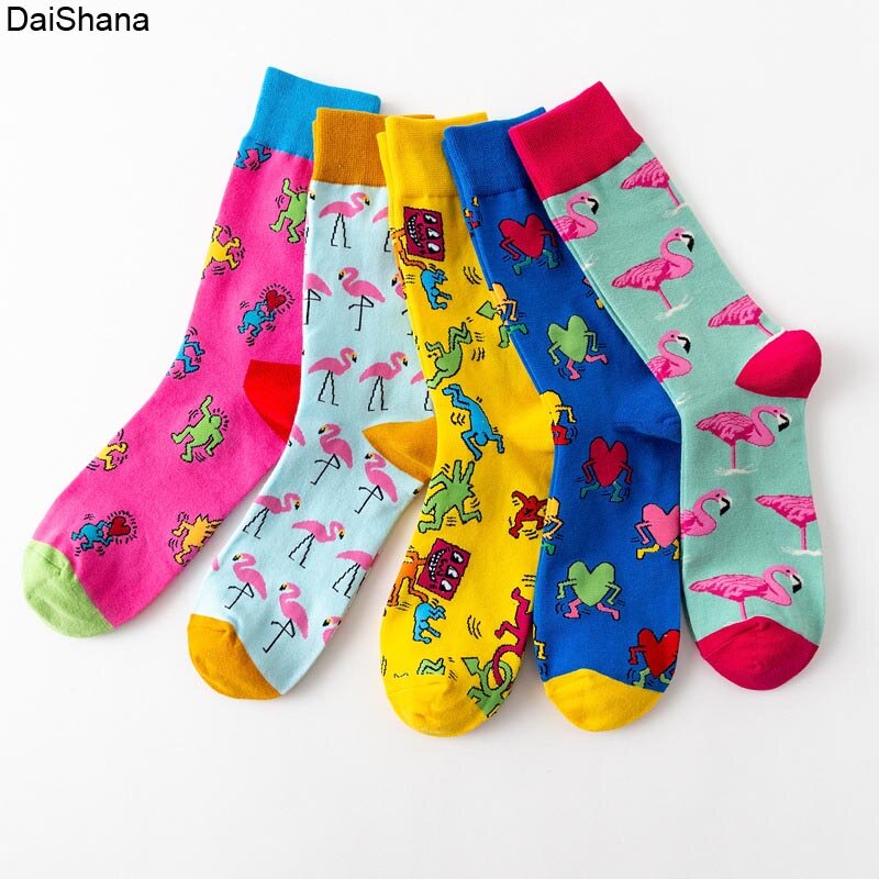 1 пара, новые модные хлопковые носки в стиле Харадзюку С мультяшными животными, повседневные носки с любящим сердцем, фламинго, женские милые забавные счастливые носки для скейтборда