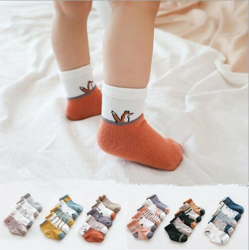 5Pairs/lot Spring and autumn new baby  tube socks combed cotton cartoon  loose mouth infant newborn animal stripe socks