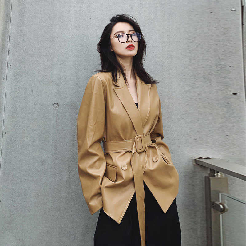 Chaqueta Vintage de cuero sintético para mujer, chaqueta de doble botonadura, Color puro, para oficina, primavera y otoño, 2023