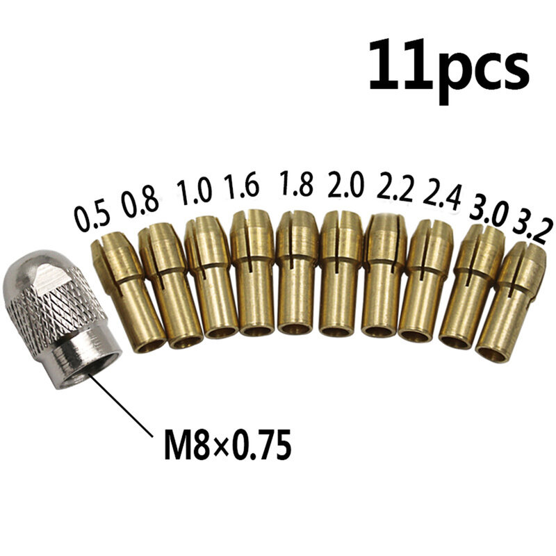 Quente 11 pçs/pçs/set mandris de broca bronze collet bits 0.5-3.2mm 4.8mm haste parafuso porca substituição para dremel ferramenta giratória