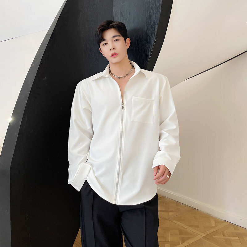 Men Korean Chic Fashion Casual Zipper Shirt Jacket Cardigan Man Streetwear Trend Vintage Shirts Coat Tops Male