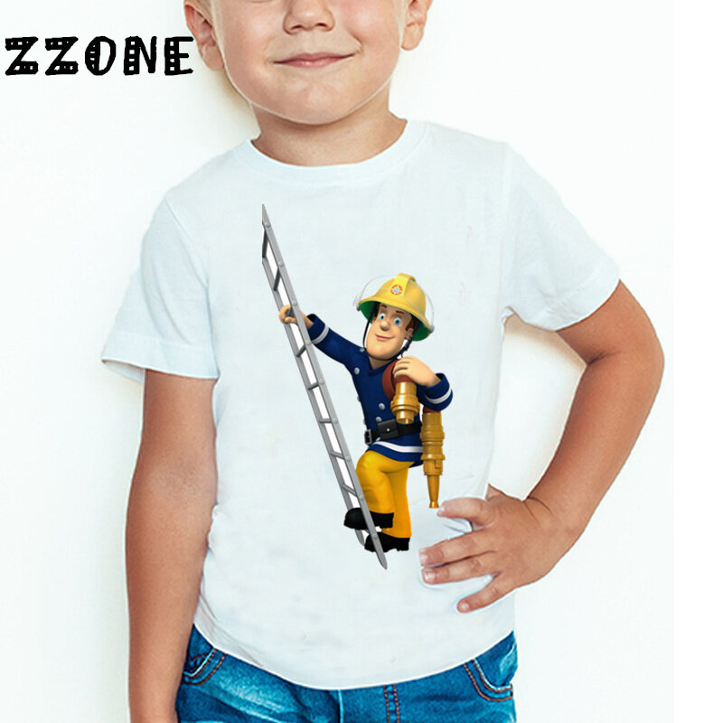 어린이 만화 소방관 샘 프린트 재미있는 티셔츠 어린이 여름 탑스, 아기 소녀 소년 멋진 캐주얼 티셔츠