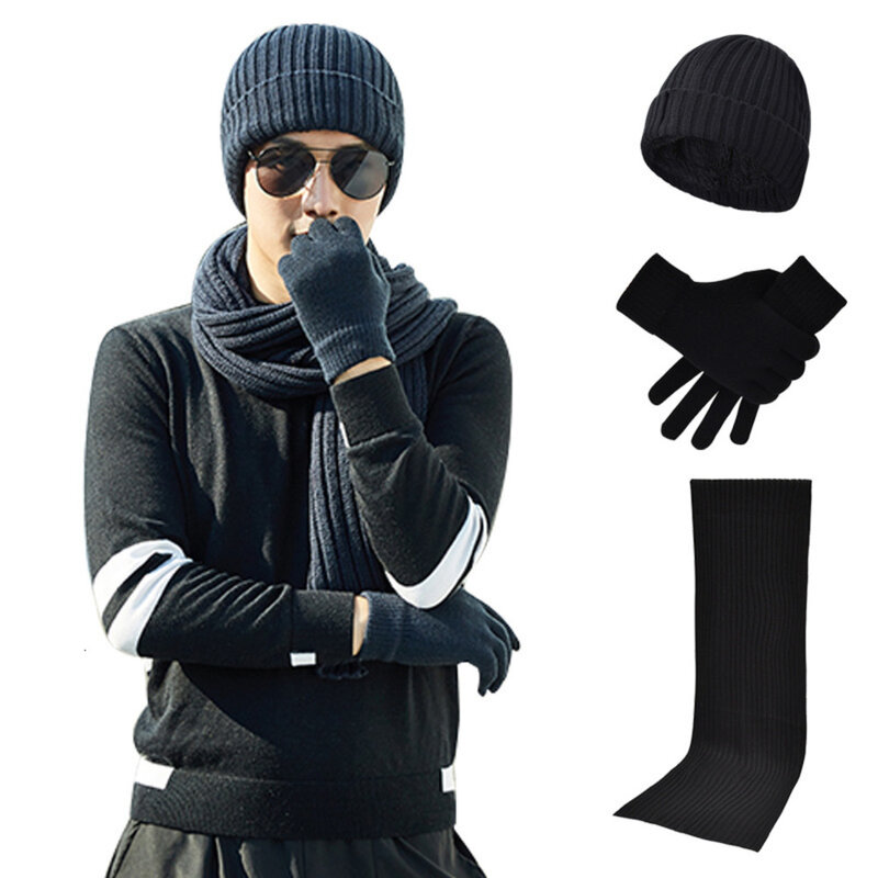 人々のための暖かい冬の帽子と手袋のセット,柔らかいフリースの裏地,ニットの帽子,3個