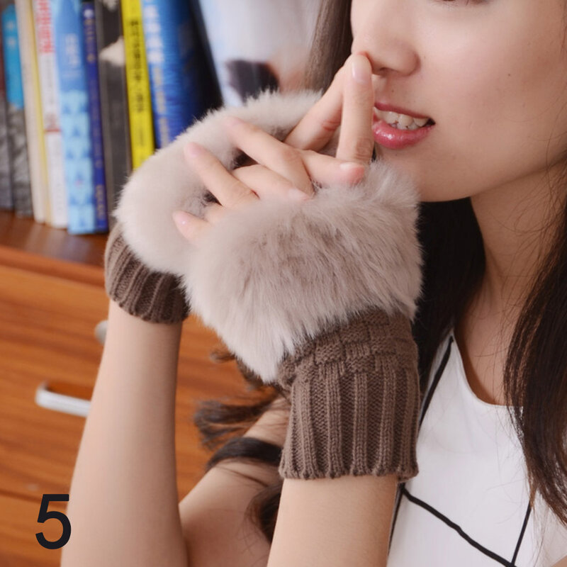1 Pair Women Winter Warm Gloves Sexy Faux Rabbit Fur Hand Wrist Warmer Fingerless Knitting Gloves