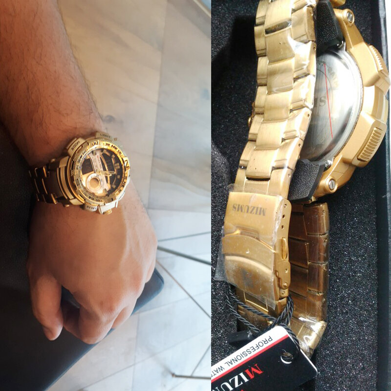 MIZUMS นาฬิกาข้อมือทหารนาฬิกา LED ดิจิตอลนาฬิกาสปอร์ตผู้ชายสแตนเลสทอง Dual Display นาฬิกาควอตซ์ชาย Relogio Masculino