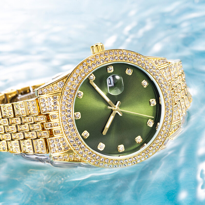 Luxury Gold นาฬิกาผู้ชาย Hip Hop สร้อยข้อมือ Cuban Chain Iced Out นาฬิกาผู้ชายเพชร Mens นาฬิกาผู้ชายกันน้ำ reloj Hombre