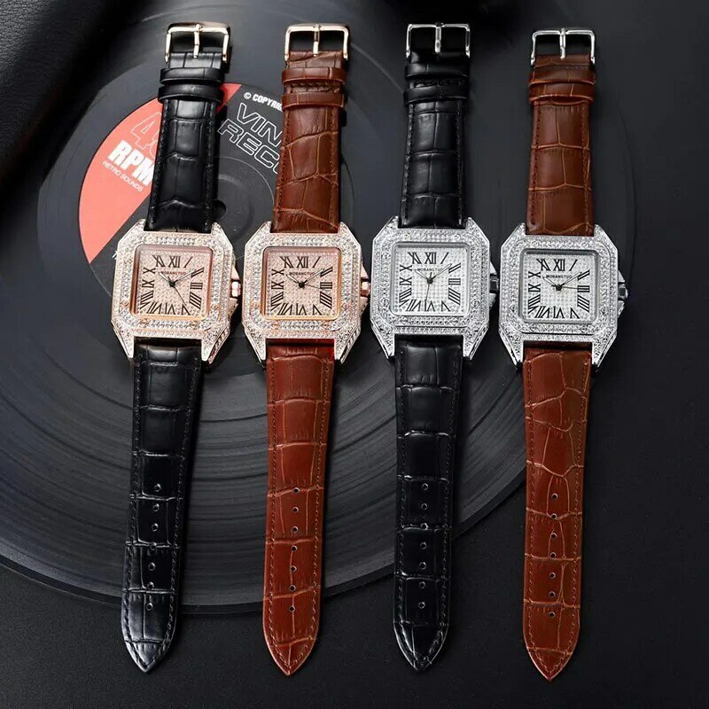 Relógio de quartzo rosa totalmente diamante quadrado, relógio de marca de luxo para mulheres e homens com strass