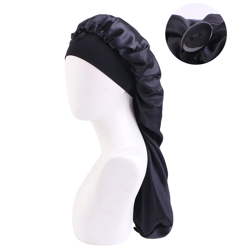New Elastic Wide Band Satin Bonnet With Adjustable Button For Long Hair Hat Breathable Night Sleep Cap Hair Care Soft Headcover