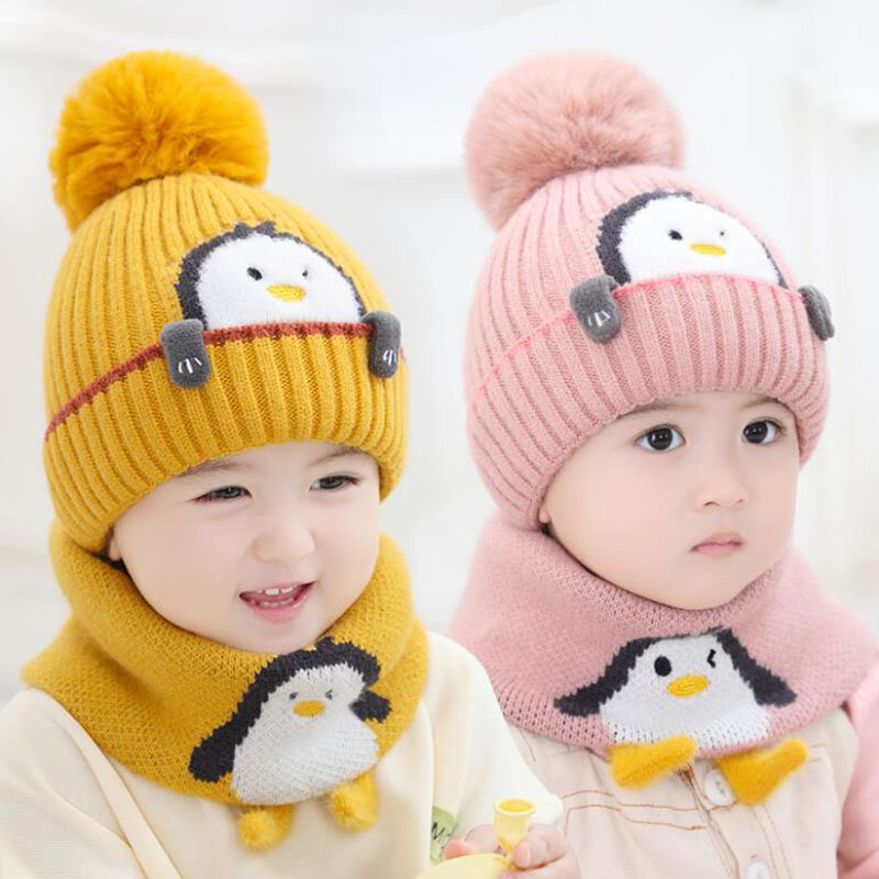 Doitbest 1 to 4 Years Old Bkids Beanie Sets Cute Penguin 2 pcs 2021 Boys Girls Winter Villus Hat Scarf Set