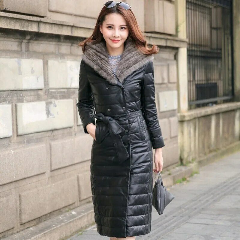 Женская длинная куртка из овечьей кожи с капюшоном и воротником из искусственного меха норки, однотонная Черная куртка с поясом, большие размеры, женская модная зимняя куртка
