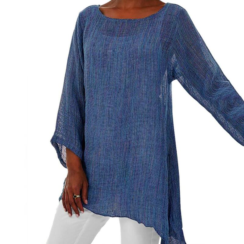 Hot Blouse Women Solid Color Cotton Linen O-Neck Long Sleeve Irregular Tunic Top Spring Summer Oversized Shirts
