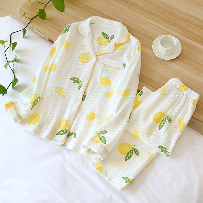 Bonito doce estilo feminino primavera solto confortável macio pijamas conjunto respirável crepe algodão pijama casa lounge pijamas