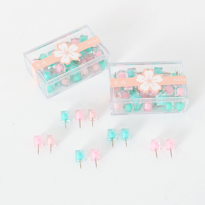 40pcs/box Square jelly color transparent thumbtack, electroplating anti-rust metal thumbtack,  exquisite office stationery