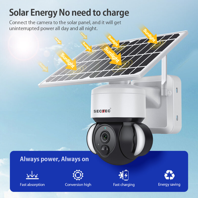 SECTEC 4G SIM Card Wifi Camera 1080P HD Solar Panel Outdoor Monitoring CCtv Cloud Solar Power Security Protection Surveillance