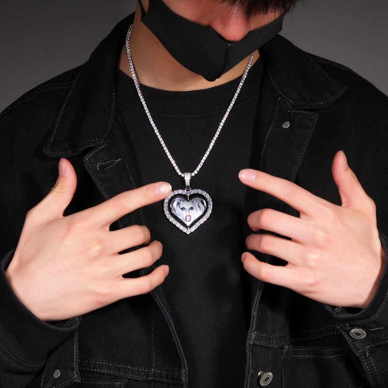 TBTK wzór z sercem DIY Spin dwustronne zdjęcia zawieszki biżuteria spersonalizowany naszyjnik ze zdjęciem Charms biżuteria Hiphop