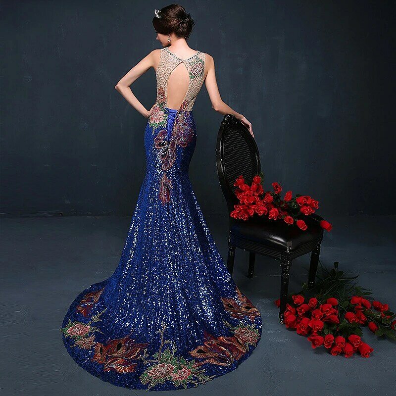 Vestido de noche de sirena con cuentas de lentejuelas de lujo, elegante vestido de noche Formal hecho a medida, azul y rojo, vestidos de maternidad