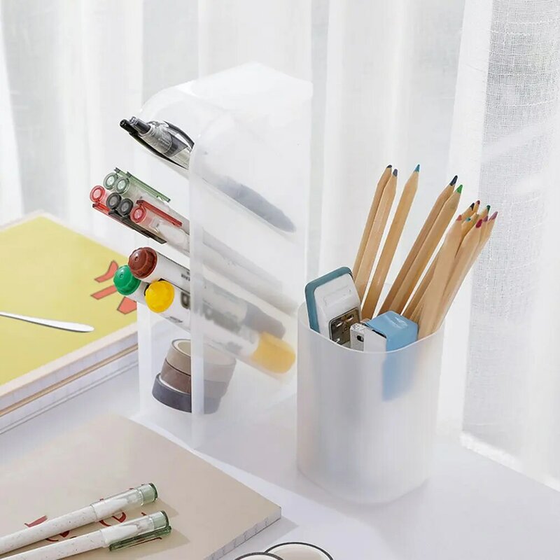 Multi-Function Plastic Pen Holder, 4-Grid, Escritório e Escola Storage Case, Pen Box, Desk Pencil Organizer, Clear White e Black