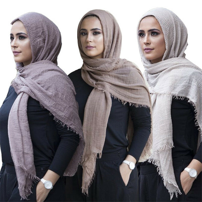 Syal jilbab katun berkerut ukuran besar syal Muslim Turban wanita Bandana polos bersirkulasi selendang wanita kerudung kerudung Ramadan