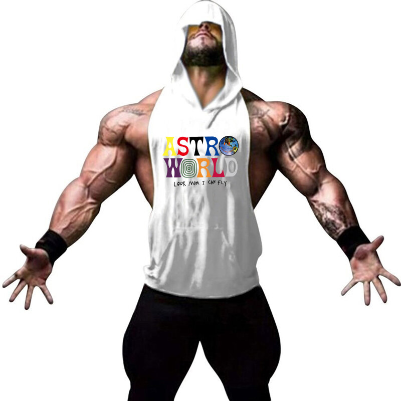 Merek Pakaian Gym Fitness Pria Tanktop Katun dengan Hood Kaus Tanpa Lengan Singlet Olahraga Stringers Binaraga Pria