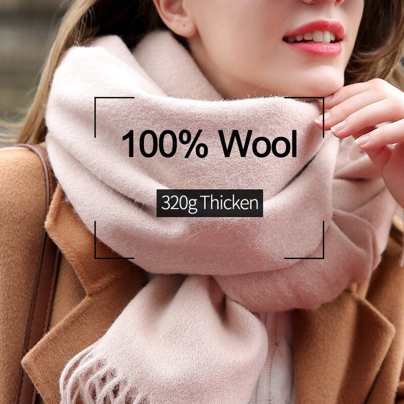 100% Wool Scarf For Women Winter Solid Fine Wool Shawl and Warp Thicken Warm Echarpe Large Beige Cashmere Scarves Foulard Femme