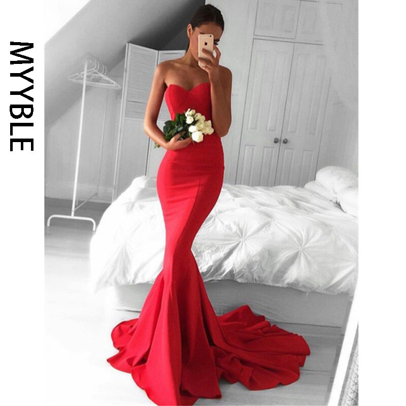 MYYBLE Evening Dress Mermaid Tulle Sexy Long Floor-length Appliques Lace Sweetheart Evening Dresses Sleeveless Evening Gowns