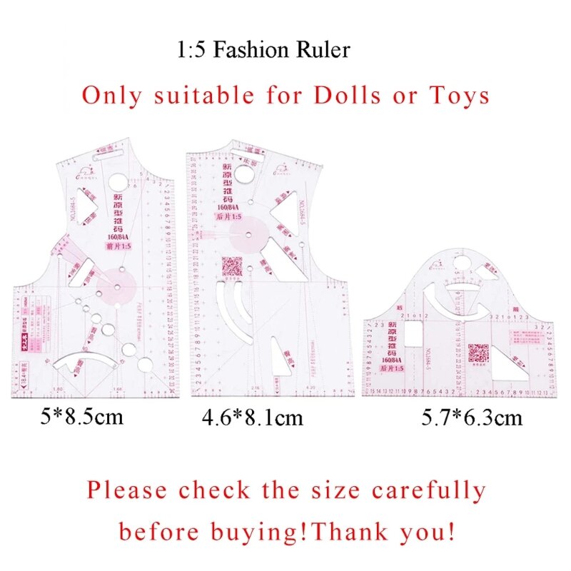 3 Buah 1:5 Ukuran Penggaris Jahit untuk Boneka Mini Mainan Pola Desain Pakaian DIY Pola Gambar Dapat Ditekuk untuk Penjahit Desainer