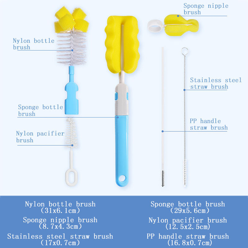 6Pcs/Set Nipple Bottle Brush Set 360° Cleaning Sponge Milk Bottle Brush Pacifier Brush Clean Kit Multipurpose Bottle Clean Tools