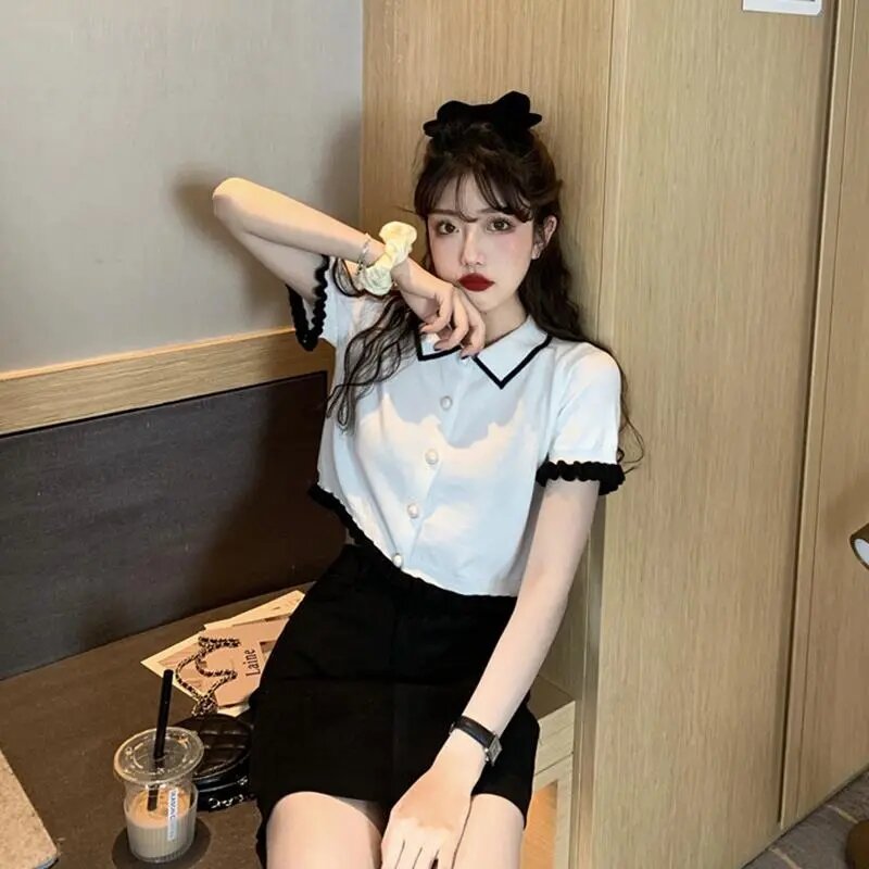 2021 Summer Ladies Short Shirt Bag Hip Skirt vestito a due pezzi coreano Campus Style Casual Polo Collar e Pearl Button gonna Suit