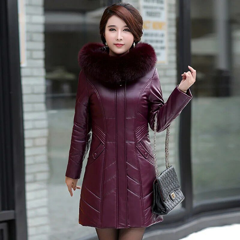 L-8XL Women Leather Coat Winter 2024 Fashion Mother Jacket Thicken Warm Outerwear Fur Collar Hooded Sheepskin Overcoat Female