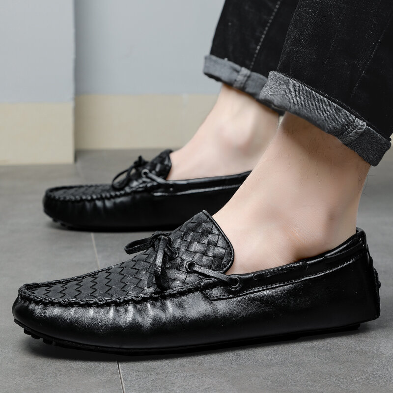 Ervilhas sapatos de couro macio único macio superfície tecido casual preguiçoso condução loafer