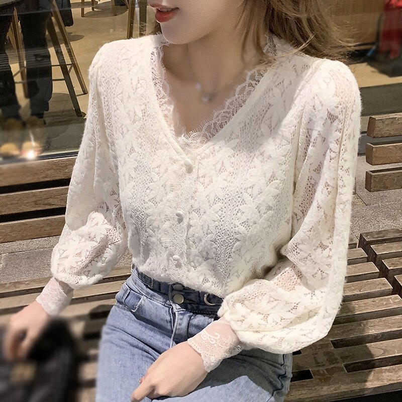 Women's Fashion V Neck Shirts Spring Autumn Lace Sweet Sexy Long Sleeve Blouse Tops