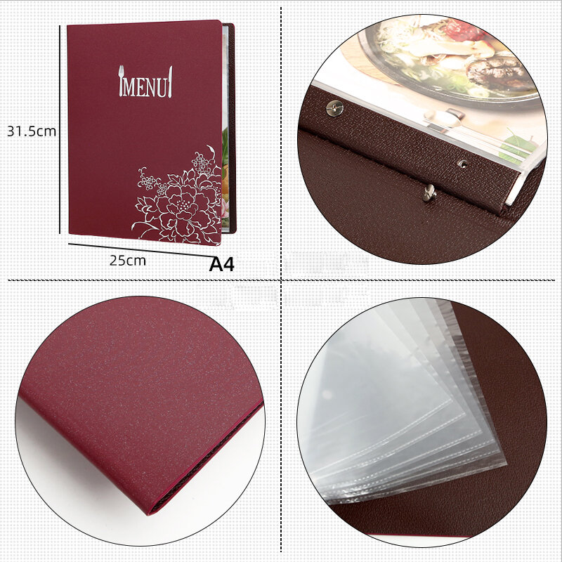 Good Quality 360Grams  A4 PU Leather Menu Folder Price List Book For Restaurant & Salon & Hotel