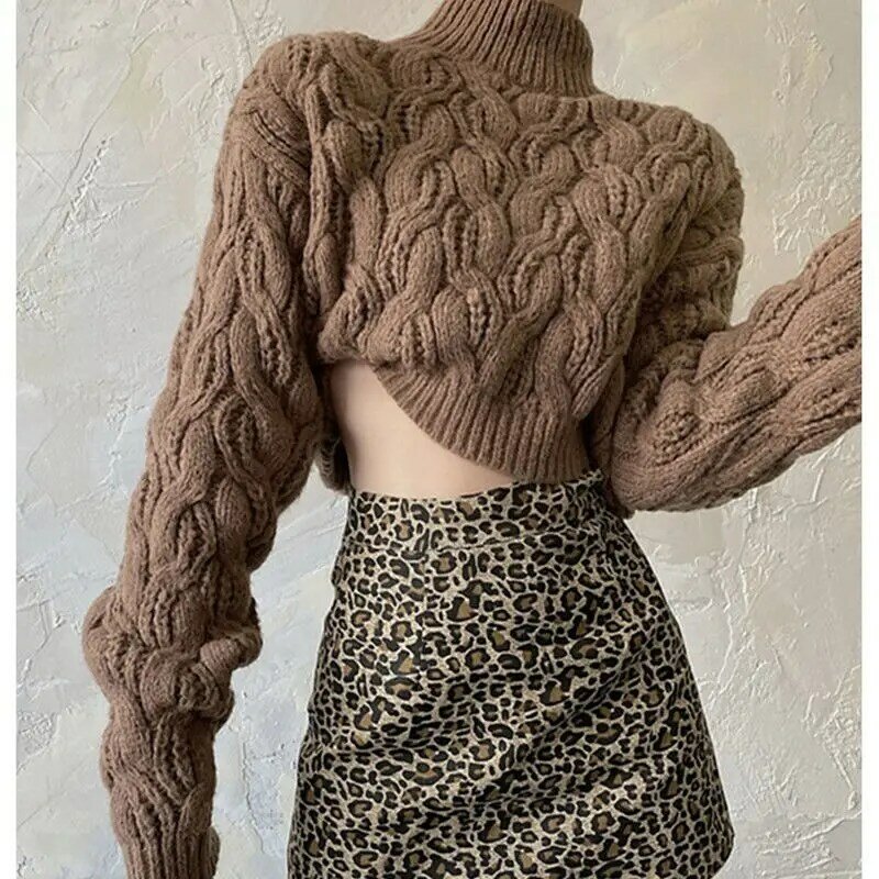 Sweter Pendek Kasual Wanita Longgar Musim Gugur dan Musim Dingin Turtleneck Pola Memutar Pakaian Rajut Pullover Jumper Atasan Feme