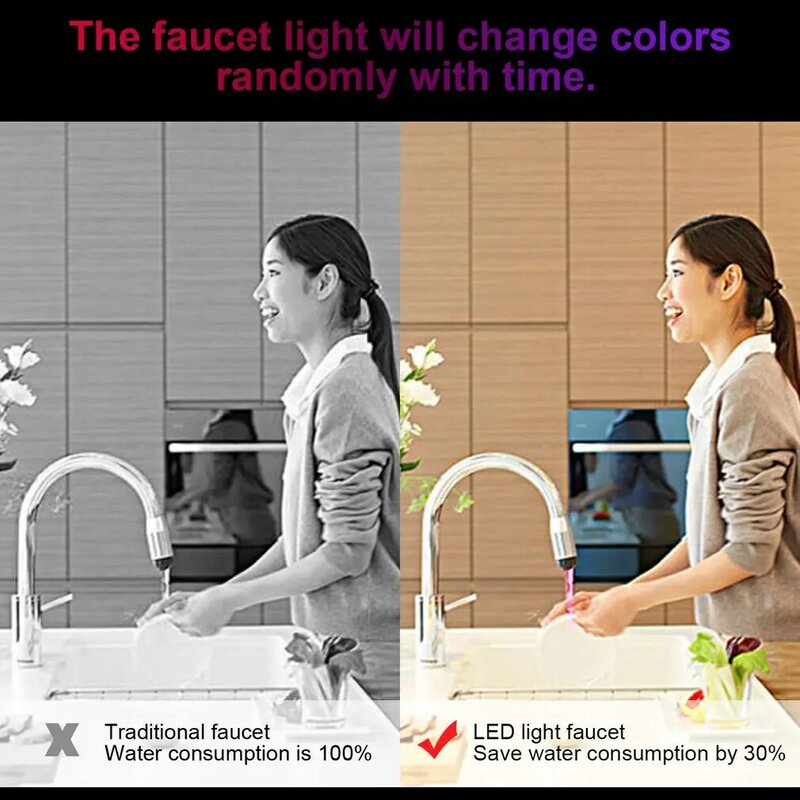 LED 수도꼭지 라이트 탭 노즐 RGB 7 색 깜박이 온도 수도꼭지 통풍기 물 절약 주방 욕실 액세서리