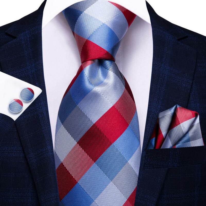 Dasi sutra kotak-kotak biru merah desainer Hi-Tie untuk pria hadiah manset Handky pria Set dasi bisnis mode pernikahan pesta dropshipping