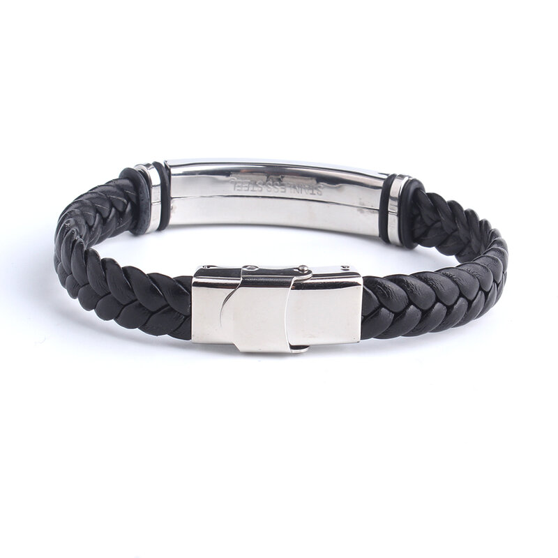 Pulseira de couro personalizada e pulseira para homens e mulheres, logotipo personalizado, texto com nome, pulseiras de aço inoxidável, punk, sos, id