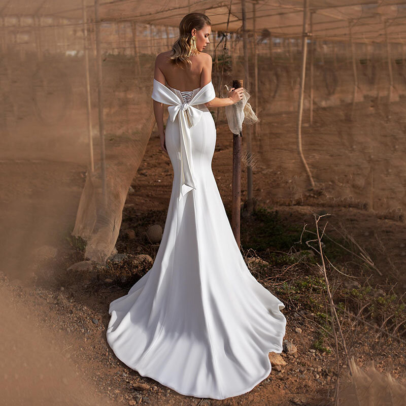 Elegante vestido de noiva sereia feminino, aplique de renda, fora do ombro, vestido de noiva cetim, branco, 2024