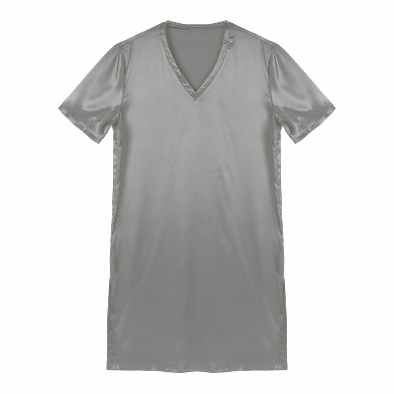 Mens Womens Satin Nightgown V Neck Short Sleeve Sleepwear Nightclothes Homewear Sides Split Nightwear