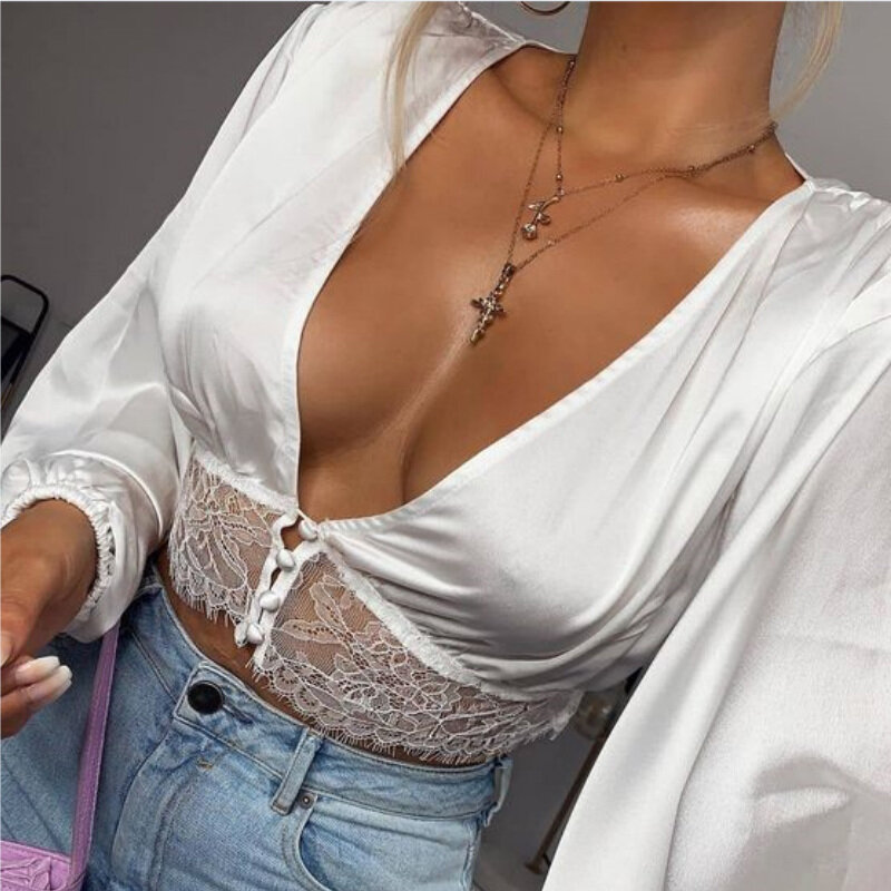 Women Blouses for Spring Autumn Sexy Hollow Mesh Sheer See-through Deep V Lace Long Sleeve Shirt Top Female Blusas