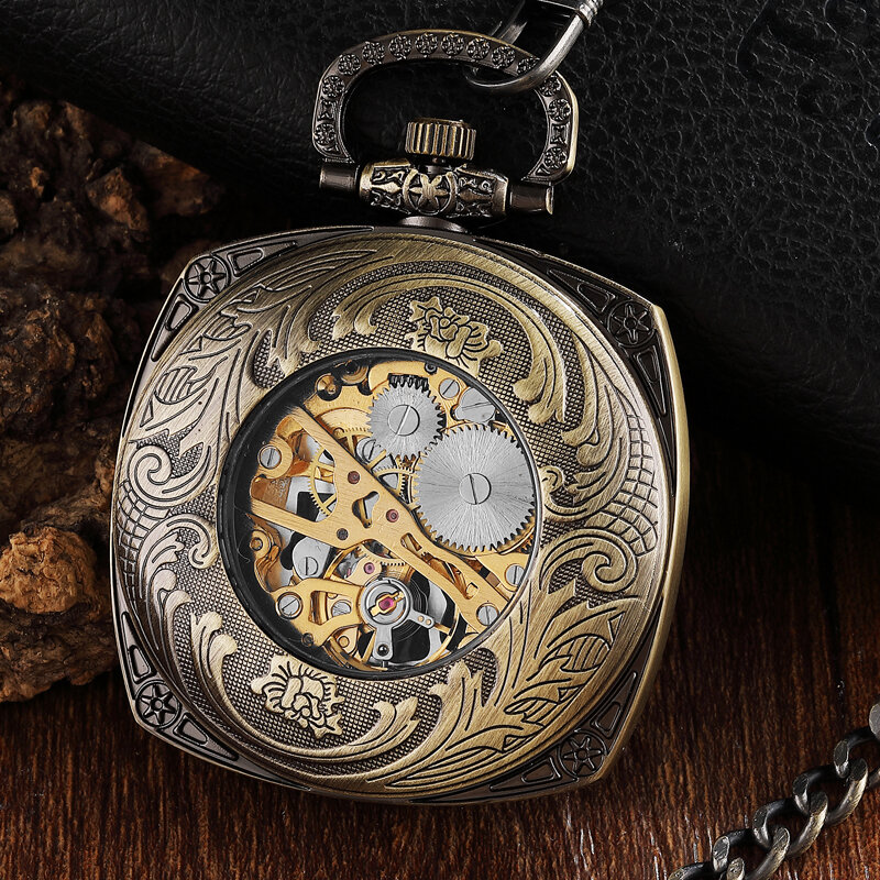 Винтажные часы-брелок, стальные Механические карманные часы с квадратным циферблатом в стиле ретро, мужские часы-скелетоны с отверстиями в стиле стимпанк, Подвесные часы для женщин и мужчин