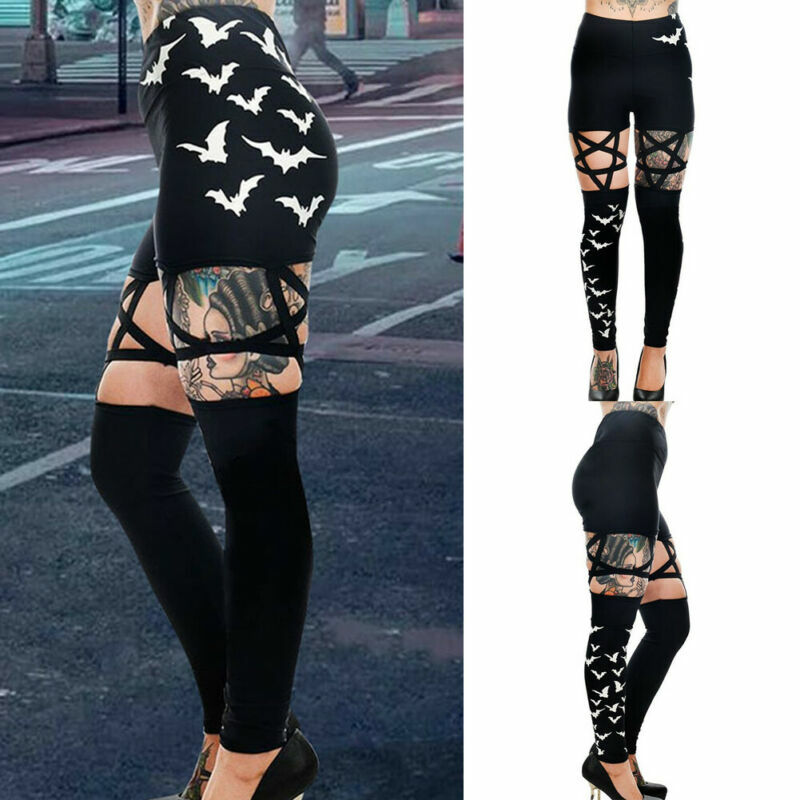 2020 Punk Women Gothic Leggings Hollow Out Bats Pentagram Pencil Pants Streetwear High Waist Leggings Women Trousers Sweatpants