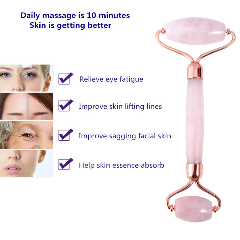 Massageador facial de jade quartzo rosa, rolo massageador facial de jade natural, em pó natural, cristal, ferramenta de massagem para cuidados com a pele, 5 peças