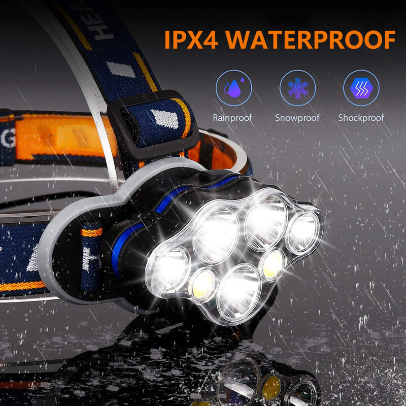 強力な8 ledヘッドランプusb充電式防水T6ヘッドライト超高輝度屋外18650ランタンテール警告灯