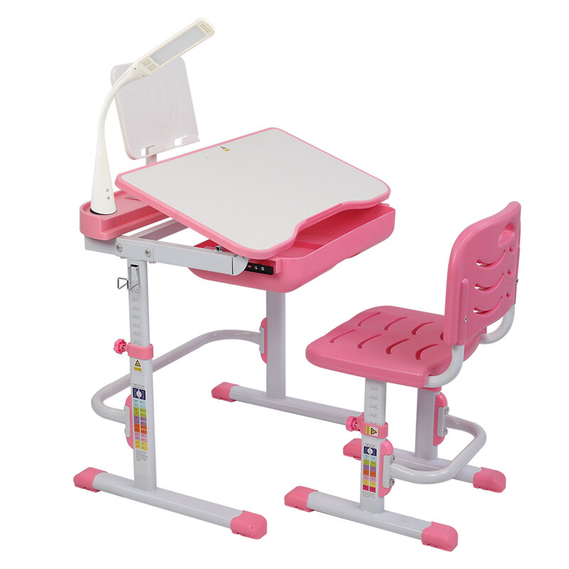 Table élévatrice et inclinable de 70CM pour enfants, ensemble de Table d'apprentissage et d'étude rose, avec support de lecture et lampe de bureau à Interface USB