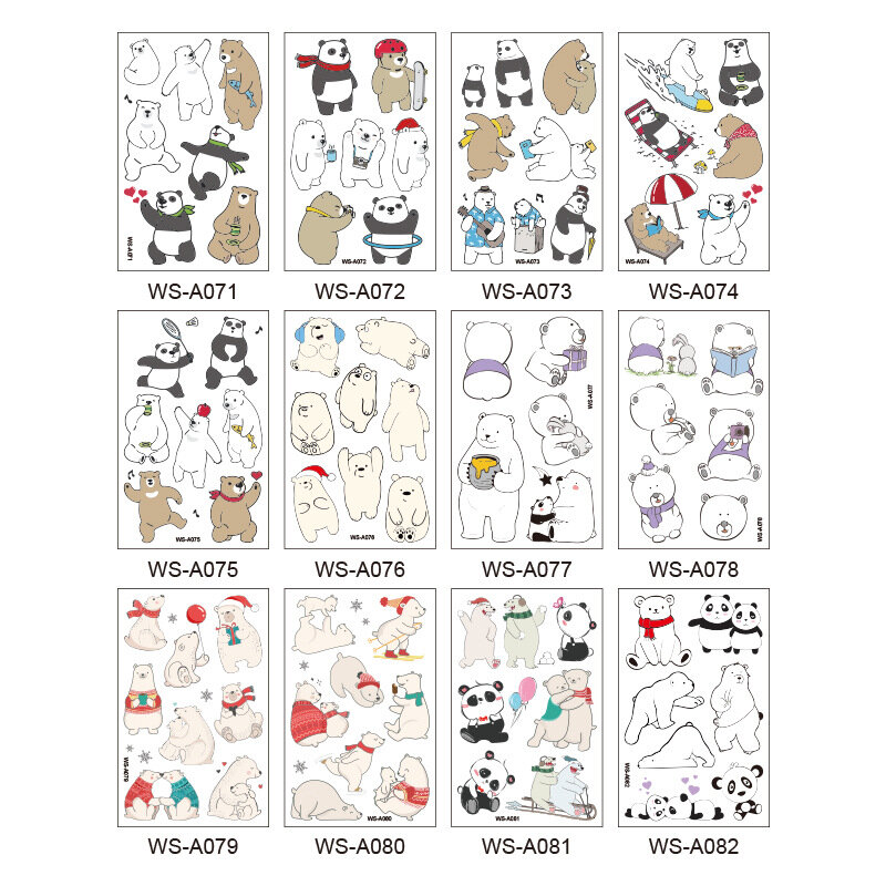 어린이 문신 스티커 곰 임시 방수 땀 방지 전송 만화 동물 바디 아트 팔 다리 아이 장난감 소녀 선물, 12 개