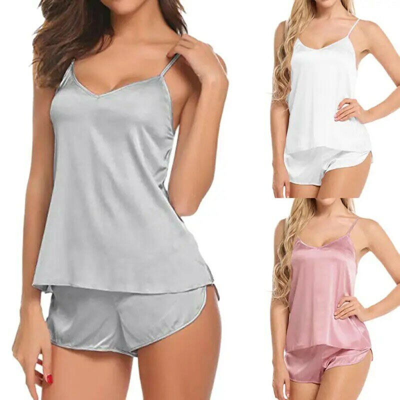 Women Sexy Lingerie Pajama Sets Nightwear Sleeveless Sling V-neck Top Shorts Causal Comfortable Sleepwear