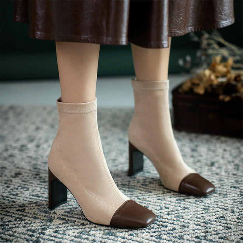 Baru Peregangan Kawanan Sepatu Wanita Kaus Kaki Ankle Boot Wanita Square Toe Tebal Tumit Sepatu Wanita Fashion Suede Boots Musim Dingin 2020